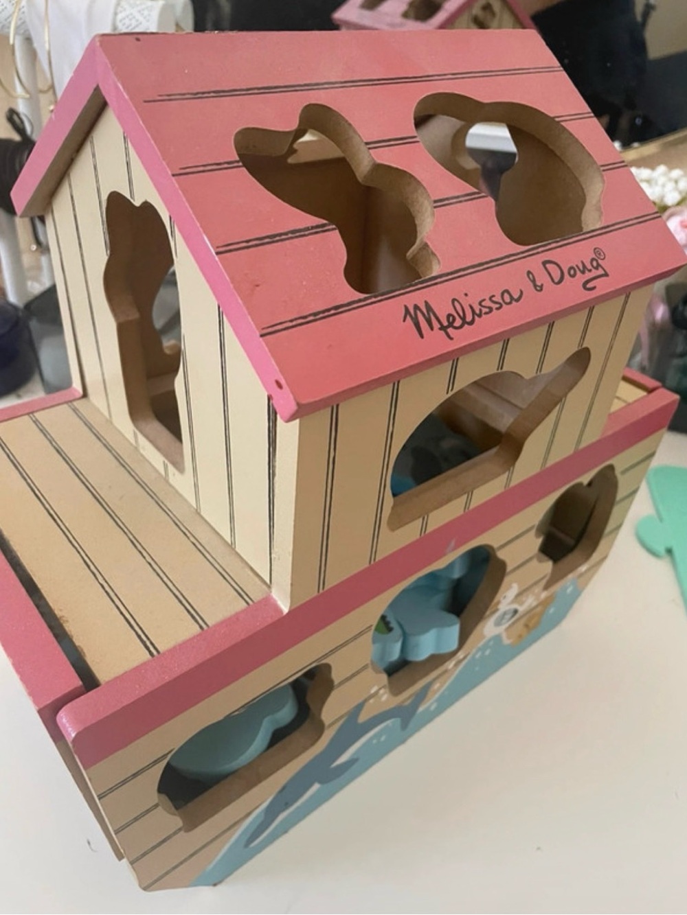 Melissa & Doug Pink, Cream and Blue Wooden Shape Sorter House